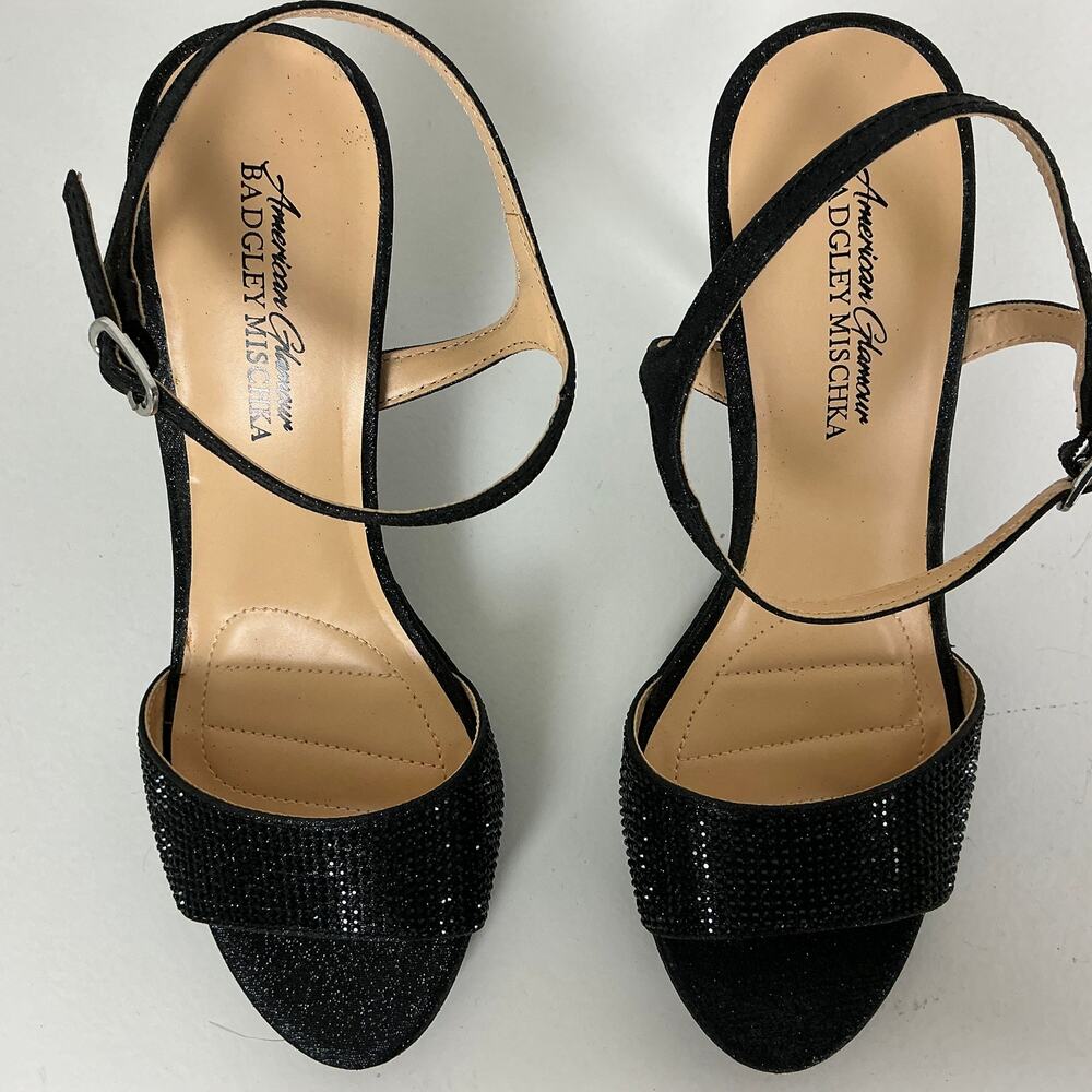 Badgley Mischka Yasmin Black High Heels Metallic Ankle Strap Shoes Size 8 - Picture 4 of 9